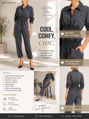 Steve Madden Coya Smocked Waist Zipper Jumpsuit. Charcoal black. Sz Sm. NWOT
